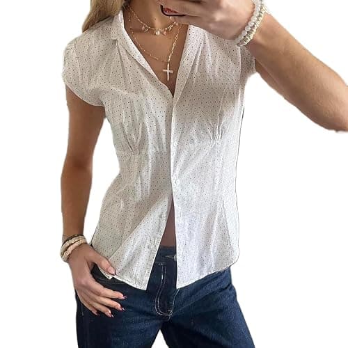 Plaid Button Down Shirt Short Cap Sleeve V Neck Casual Blouse Tops - Image 1