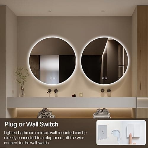 Niccy Round Led Mirror for Bathroom, 32" Circle Frameless Backlit Mirror wiht Light, Anti-Fog, 3 Colors, Waterproof, Memory Function thumbnail 7