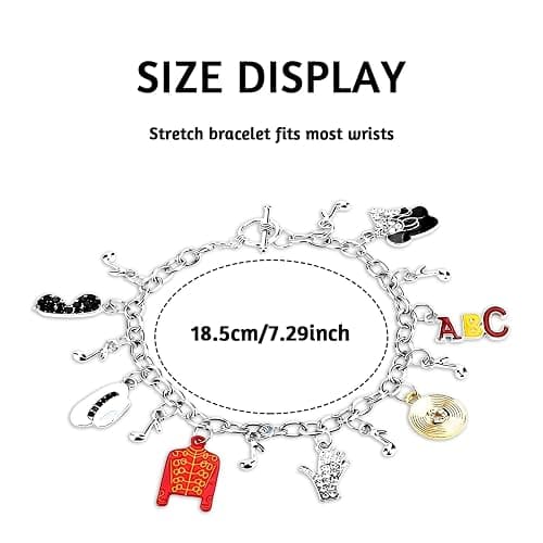 Music Inspired Charm Bracelet, Silver Chain with Red Jacket, Hat, Glove, BAD Charms, 7.29 Inch thumbnail 2