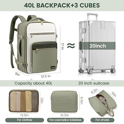 LOVEVOOK Travel Backpack For Women,40L Carry On Backpack Flight Approved,TSA Personal Item Travel Bag Fits 17 Inch Laptop,Business Weekender Overnight Daypack with Back Pad and Chest Buckle,Cubes - Green and White - 17.3 Inch-40L-4Pcs thumbnail 5