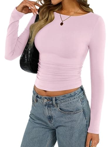 EasyGala Womens Cotton Boat Neck Long Sleeve Shirts Basic Going Out Stretchy Slim Fit Y2k Crop Tops thumbnail 5