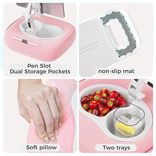 TabHolderix Tablet Pillow Stand, Adjustable Kindle Holder with 2 Snack Bowls, 360° Adjustable iPad Stand for Bed with 4.7''-13'' iPad, Kindle, Phone, Gift for Reading Accessories on Bed, Sofa, Pink thumbnail 5
