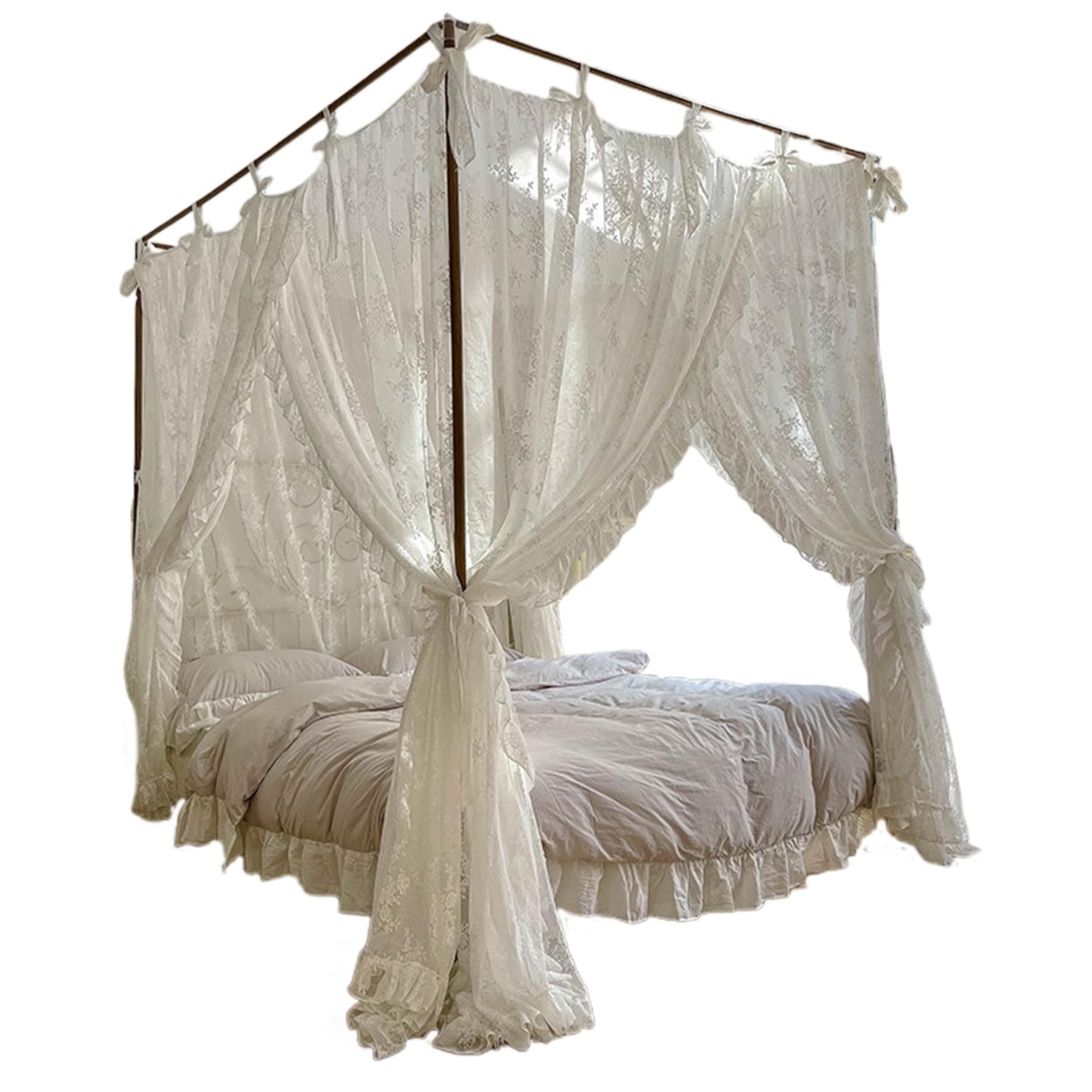Canopy Bed Curtains Three-Opening Lace Princess Bed Canopy 4 Corner Post Hanging Curtains with Ties Fit 4.92ft - Image 1