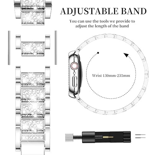 Mosonio Compatible with Apple Watch Band 38mm 40mm 41mm 42mm 44mm 45mm 46mm 49mm with 2 Pack Case Women, Jewelry Replacement Metal Bands Strap with Bling PC Protective Case for iWatch Ultra SE Series 11/10/9/8/7/6/5/4/3/2/1 thumbnail 5