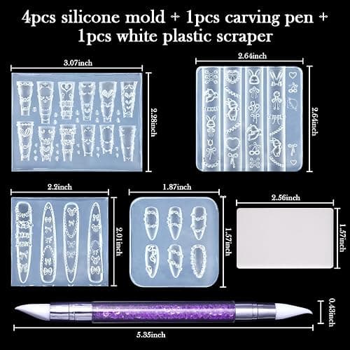 Laza 4pcs Cream Chain Silicone Nail Art Molds Multiple Rabbit Nail Molds | Reusable Nail Molds for Nail Art,Good Elasticity,3D Nail Mold, Embossed Cream Chain Bowknot Rabbit Molds with Scraper & Pen thumbnail 3