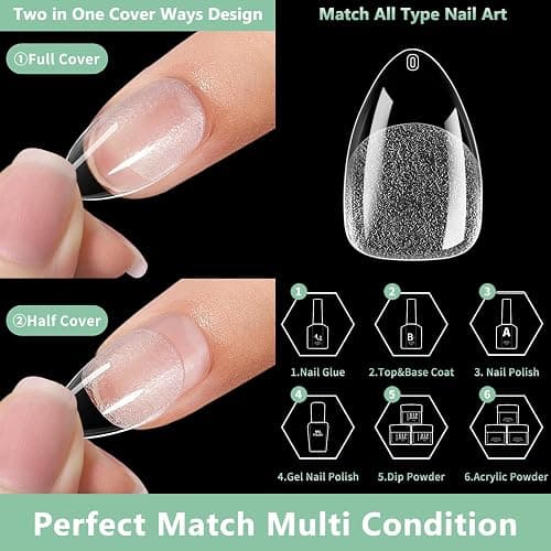 Short Almond Nail Tips, 216pcs Soft Acrylic Fake Nails Gel Nail Tips, Full Cover Pre-Shaped Matte Clear Press on Nails for Extension, Diy at Home Manicure 12 Sizes thumbnail 7