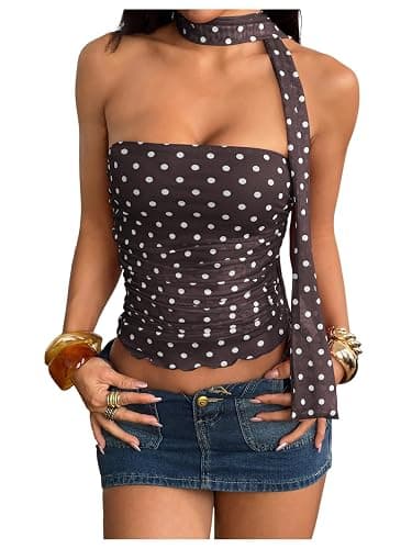 Milumia Women's Polka Dots Mesh Tube Tops Y2k Strapless Scarf Halter Top Going Out Clubbing Outfits thumbnail 2