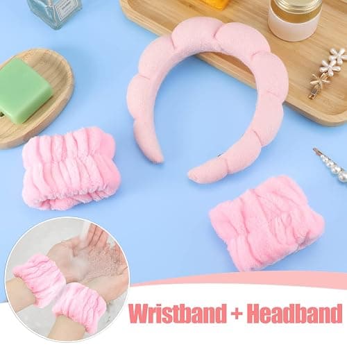 Spa Headbands for Women Skincare Headband Pink Makeup Headband for Washing Face Hair Headband and Wristband Valentine's Day Gifts for Women Teen Girl thumbnail 6