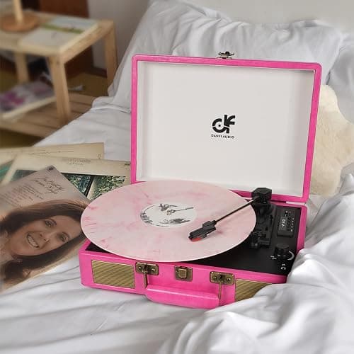 Vintage Bluetooth Suitcase Record Player with Built-in Speakers, 3 Speed Portable Turntable with USB Vinyl Audio Recorder RCA AUX-in & Headphone Jack (Pink) thumbnail 2