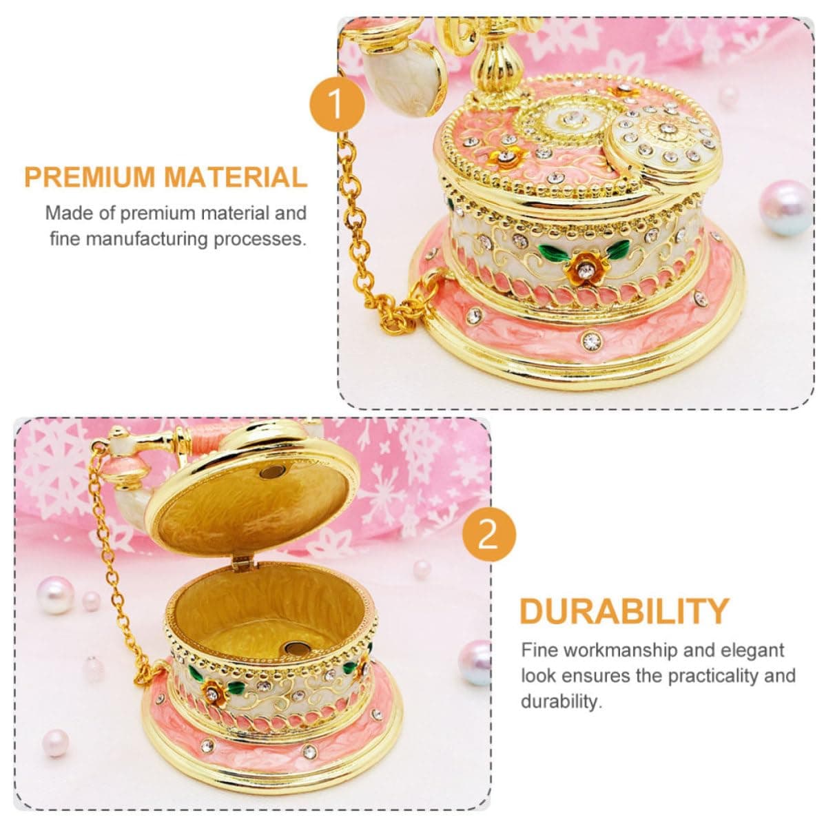 Ipetboom Jewelry Box Pink Telephone Shaped with Alloy Rhinestones Vintage Lightweight Trinket Organizer for Rings, Necklaces and Earrings Table Decor for Home thumbnail 2