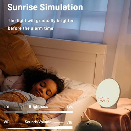 Wake Up Light Sunrise Alarm Clock for Kids, Heavy Sleepers, Bedroom, with Sunrise Simulation, Sleep Aid, Dual Alarms, FM Radio, Snooze, Nightlight, Daylight, 7 Colors, 7 Natural Sounds, Ideal for Gift thumbnail 3