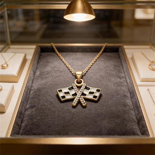 QLYOVWE Checkered Racing Flag Pendant Necklace for Women and Racing Fans Black and White Enamel Crystal Necklace Gold Fashion Jewelry Gifts thumbnail 6