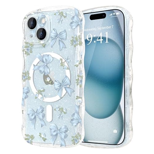 Urarssa Magnetic Case for iPhone 15, Glitter Cute Curly Wavy Frame Aesthetic Ribbon Bow Pattern Clear Case for Women Girls, Transparent Slim TPU Bumper Shockproof Protective Cover, Blue Bows - Image 1