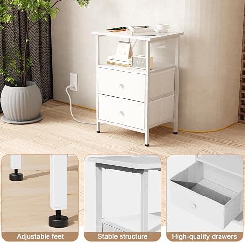 Smoproper Nightstand with Charging Station, Bedside End Table with 2 Fabric Drawers for Bedroom, Side Table with USB Ports and Outlets (White) thumbnail 5