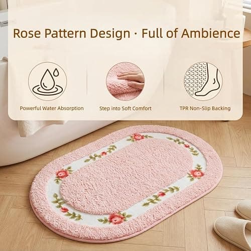 QMEAKMONY Bathroom Rugs Romantic Rose Flower Shaggy Area Rugs for Living Room Bedroom Kitchen Non Slip Absorbent Bath Mat Door Mat Washable(Pink,16x24 in) thumbnail 3