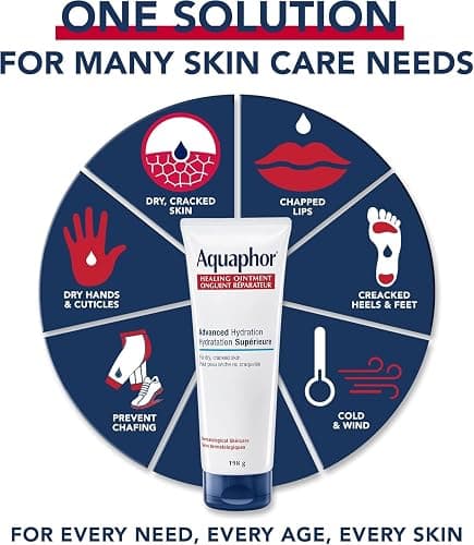 Aquaphor Healing Ointment, Multipurpose Ointment for Dry, Cracked Skin, Chafing, Cuticle Care, Fragrance Free, Non Greasy and Non Comedogenic Body Moisturizer, Dermatological Skin Care, 198g Tube thumbnail 9