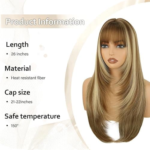Brown Long Straight Layered Wig with Bangs for Women 26 inch Light Brown With Blonde Put on Go Realistic Synthetic Heat Resistant Natural Wig for Girls Party Cosplay and Daily Use thumbnail 2