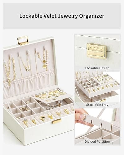 Vlando 2 Layer Jewelry Box Large Jewelry Organizer for Women Removable Jewelery Tray for Necklace Earrings Rings Bracelets Jewelry Boxes for Women Gift (White) thumbnail 4