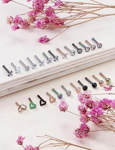 Yaalozei 18G 20G Nose Rings Piercings Hypoallergenic Nose Studs 316L Surgical Steel Heart Nose Rings L Shaped Straight Screw Nose Piercing Jewelry for Women Men Silver Black Rose Gold Colorful thumbnail 5