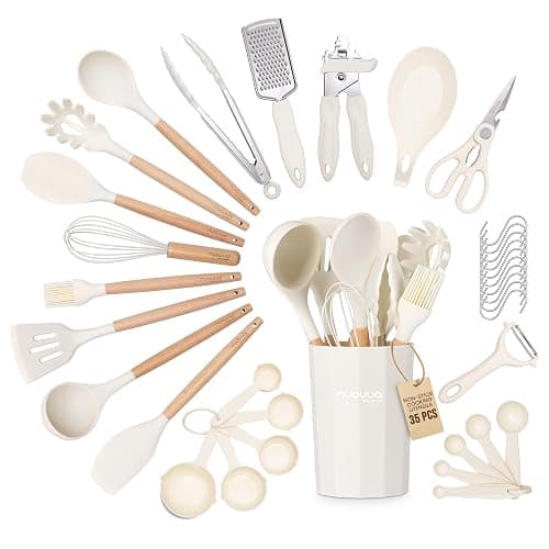 Kitchen Non Stick Cooking Utensils Set – Heat Resistant Silicone Utensils with Wooden Handle – Ladles, Spoons and Spatulas Set – Kitchen Tools & Accessories – 35pcs, Cream – by Nuovva - Image 1
