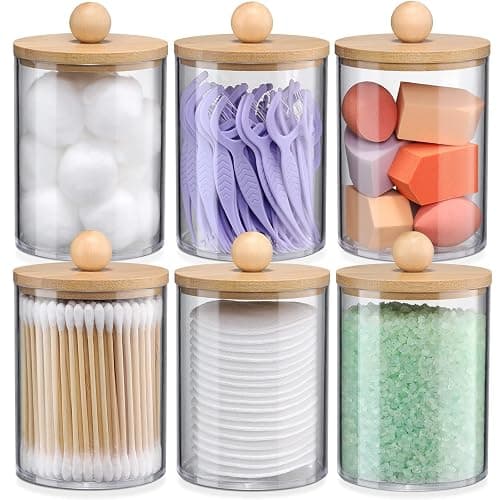 6-Pack Bamboo Qtip Holders - Bathroom Storage for Cotton Balls, Swabs, Pads, Floss - Image 1