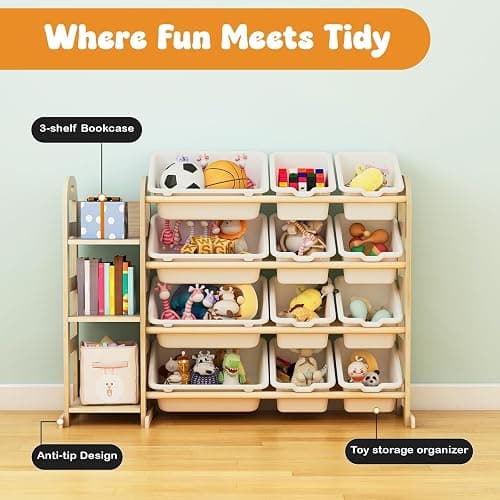 Toy Storage Organizer, Wooden Toy Organizers and Storage with Bookshelf, Toy Storage Shelf with 3 Shelves and 12 Storage Bins, Kids Bookshelf for Playroom, Nursery, Bedroom, Bookcase for Kids, White thumbnail 6