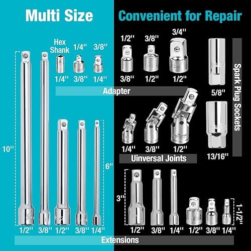 DURATECH 22-Piece Drive Tool Accessory Set, Including 1/4 3/8 1/2 Extension Bars, Socket Adapters, Universal Joints, Spark Plug Sockets, Professional Socket Accessories, Cr-V Steel, EVA Foam Package thumbnail 2