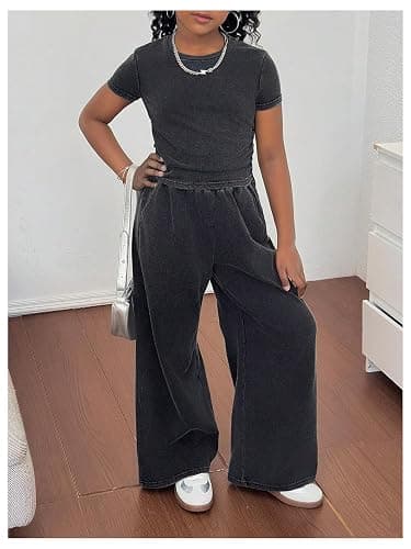 SOLY HUX Girl's 2 Piece Summer Outfits Short Sleeve Ruched T Shirt and Wide Leg Pants Set Streetwear thumbnail 5