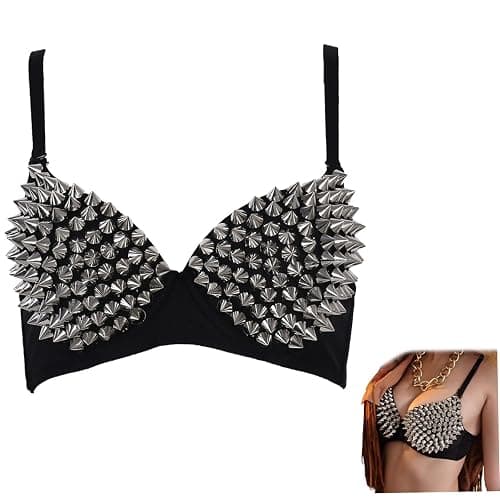1PC Studded Bra Punk Dancing Performance Silver Metallic Rivets Spiked Bra with Adjustable Strap, for Club Party, Drance Wear, Carnival... thumbnail 6