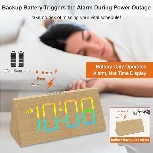 DreamSky Wooden Digital Alarm Clock for Bedroom - RGB Electric Desk Clock with Large Numbers, USB Port, Loud Alarm for Heavy Sleepers, Dimmer and Volume Control, Snooze, Wood Décor, Adapter Powered thumbnail 6