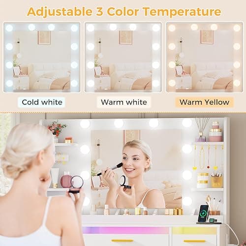 ANWBROAD Vanity Desk with Mirror and Lights 3 Colors Large Makeup Vanity Table Set Transparent Glass Top with 9 RGB Drawers, 4 Shelves Vanity Desk with Stool Power Outlet White Bedroom Women UBDT94W thumbnail 7