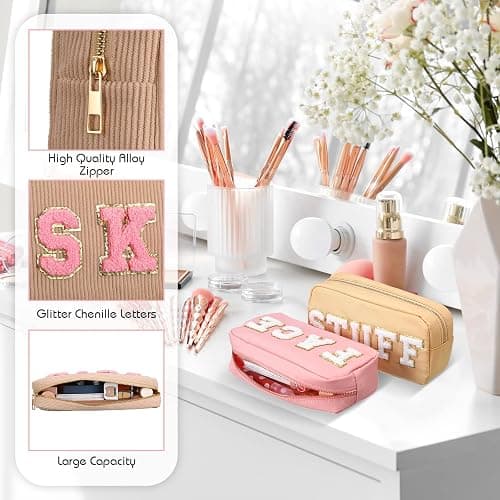 Kajaia 4 Pcs Preppy Makeup Bags Chenille Letter Stuff Bag Cute Cosmetic Pouch Cases for Women Trave Toiletry spend the night(Simple Color,Charming) - Simple Color - Charming thumbnail 3