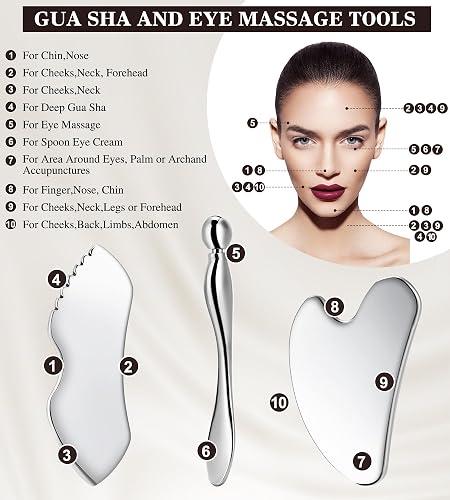 Gua Sha Facial Tools, 3 in 1 Stainless Steel Metal Guasha & Eye Cream Applicator Facial Sculpting Tool Set Eye Massager Lymphatic Drainage for Face Neck (Gift Box Set)(Boxed 2, Count, 3) thumbnail 2