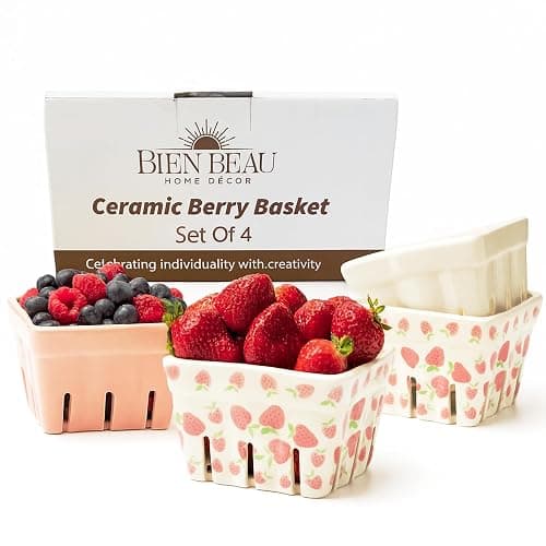 Ceramic Berry Basket, Farmhouse Colander, Strawberry Decor, Fruit Bowls, Fruit Baskets, Kawaii Strawberry Kitchen bowl, Pink White and Cute Strawberry pattern Stoneware Harvest Square Bowls Set of 4 - Image 1