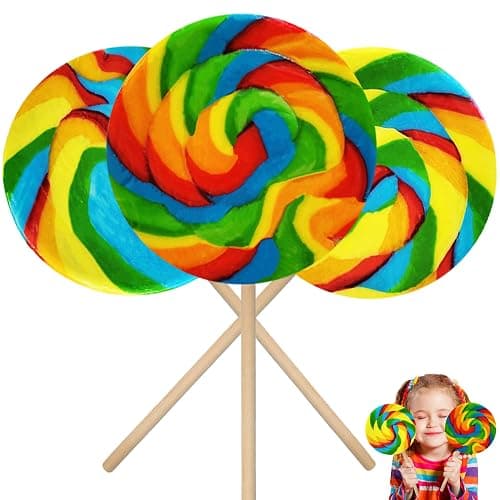 3-Pack Mega 5 Inch Rainbow Swirl Lollipop, Individually Wrapped With Net, Jumbo Suckers - 5" Inch 140 Gram - Image 1