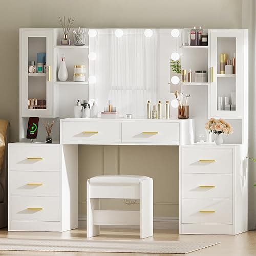 ANWBROAD 59.1" Large Vanity Desk with Mirror & Lights White Makeup Vanity Set with Power Outlet and 8 Drawers 3 Lighting Modes Adjustable Dressing Table for Girl Women Bedroom Dressing Room UBDT67W thumbnail 6