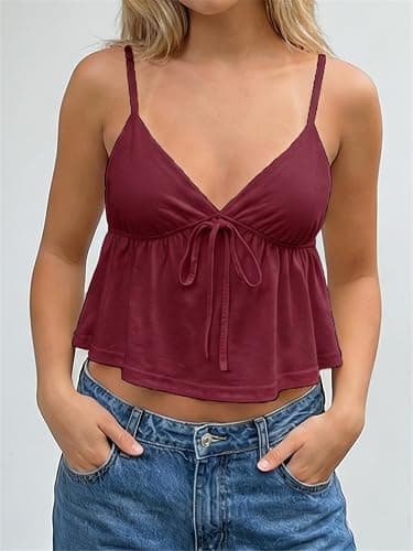 Women Y2k Flowy Ruffle Hem Cami Tank Top Casual Solid Color Deep V Neck Sleeveless Peplum Camisole Summer Beachwear thumbnail 2
