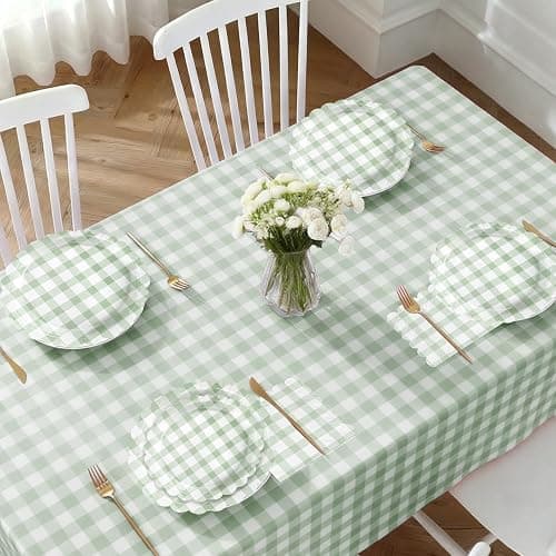 102 PCS Sage Green Gingham Party Supplies - Scalloped Plates, Napkins, Cups, Forks, Banner, Gingham Tablecloth for Baby Shower, Wedding, Birthday, Serves 25 thumbnail 4