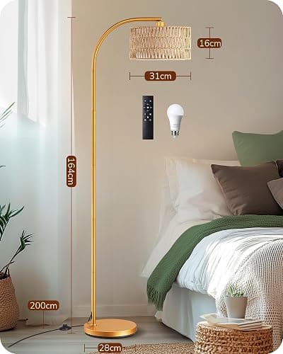 EDISHINE Lampadaire sur Pied Salon, Lampe à Arc avec Abat-jour Double, 2700K-6000K Dimmable en Continu par Télécommande et Pédale, E27 Ampoule LED Fournie, Lampadaire Boho pour Chambre, Doré thumbnail 4