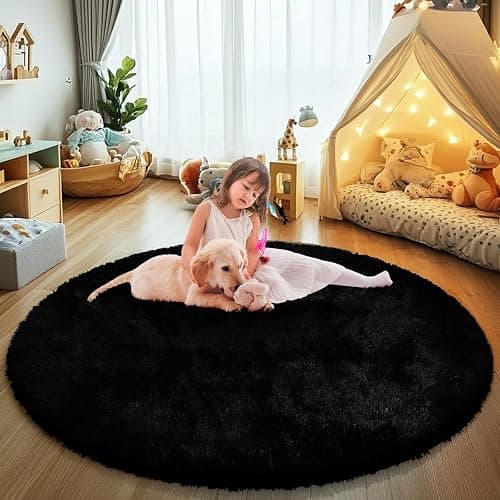 yulidayang Black Fluffy Round Area Rugs for Bedroom,4'X4'Shag Circle Area Rugs for Living Room,Non Slip Fuzzy Plush Rug for Kids Room Boys Girls Room and Dorm Home Decor Rug - 4ft Round - Black - Image 1