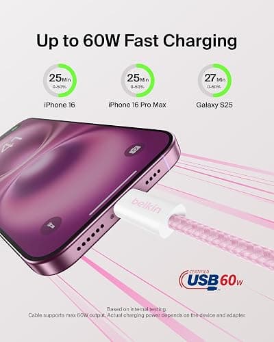 Belkin USB C to USB C Cable, 3.3ft, 60W - Type C Charger, iPhone Charger Cord, Soft, Braided, Flexible for iPhone 16, Galaxy S25, Pixel 9, Airpods, iPad Pro, Tablet & More, Travel Essentials - Pink thumbnail 2