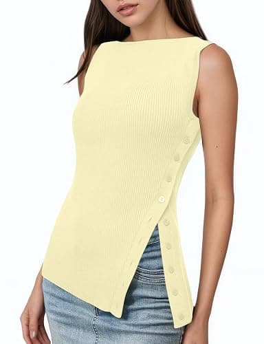 OLAPTA Women Asymmetrical Button Down Side Split Sleeveless Tank Tops Boat Neck Slim Fit Summer Casual Side Button Knit Vest - Image 1