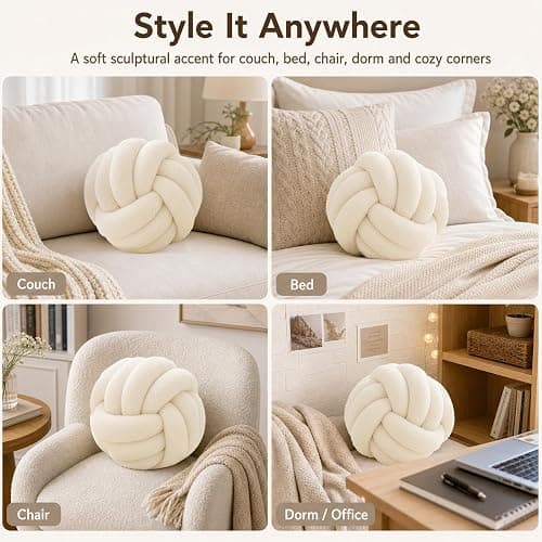 Petrella Ivory White Knot Pillow Ball, 8 Inch Round Decorative Throw Pillow | Lambswool, Handmade, Soft Touch, Machine Washable, Throw Pillow for Couch, Bed, Accent Chair, Bedroom and Living Room Decor thumbnail 3