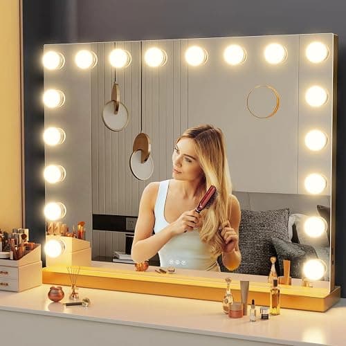 Gvnkvn Vanity Mirror with Lights USB+Type-C Charging, 32WX24L Tabletop Hollyhood Makeup Mirror, Hollywood Lighted Mirror with 18 Dimmable LED Bulbs,3 Colors Modes,Touch Control, Gold - Image 1
