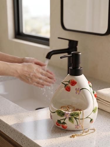 Ceramoira Strawberry Soap Dispenser with Sponge Holder for Countertop, 20oz | Artisanal Handmade, 2-in-1 Cute Lotion Pump, Ceramic Liquid Dispenser & Caddy Combo for Kitchen & Bathroom thumbnail 4