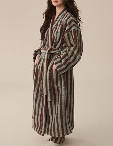 Arssm Womens Striped Fluffy Robe Long Plush Bathrobes Fuzzy Warm Cozy Thick Loungewear Maxi Robe thumbnail 8