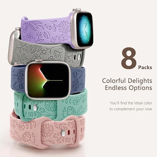 Easuny 8 Pack Bands for Women Compatible with Apple Watch 40mm 41mm 38mm 42mm 44mm 45mm 46mm 49mm iWatch Series 11 10 9 8 7 6 5 4 3 Ultra SE 3 SE 2nd, Soft Silicone Floral Engraved Dressy Wrist Straps thumbnail 5