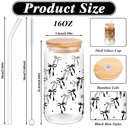 Black Bow Glass Cup with Lids And Straws Cute Halloween Gifts for Women | 16 oz Halloween Glass Cup Iced Coffee Cups Aesthetic Stuff Gift for Haloween Lovers, Women Teacher Teen Girl Gifts thumbnail 3