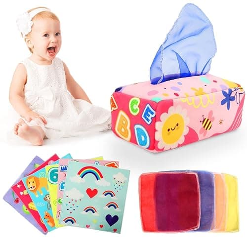 Baby Tissue Box - Montessori Toys for 6-12 Months, 1 Year Old - Soft Stuffed High Contrast Crinkle Infant Sensory Toy, Boys&Girls Toddler Early Learning Baby Gifts - Image 1