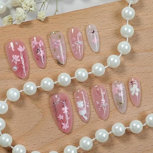 30Pcs Pink Flower Press on Nails Medium Almond Fake Nails Peach Blossom with 3D Rhinestones Pearl Gold Glitter Design Artificial Cute Cat Nails Stick on Nails Spring False Nails for Women Acrylic Nail thumbnail 2